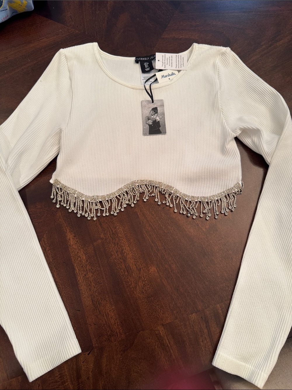 Sincerly Jules Ivory Ribbed Long-Sleeve Crop Top with Beaded Fringe